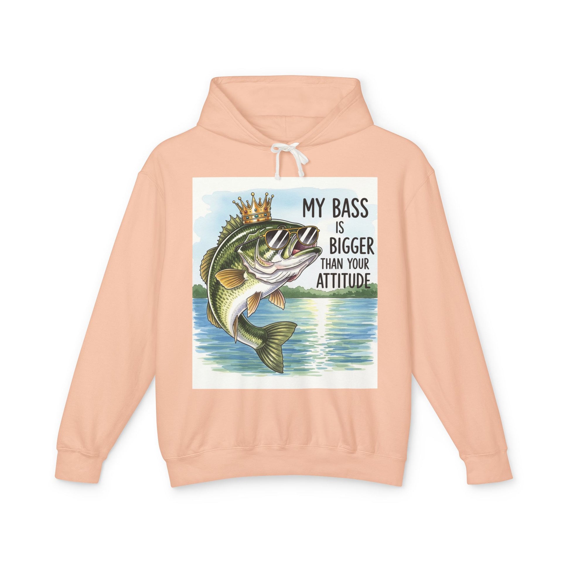 Peach hoodie with a graphic of a bass fish and text on a white background