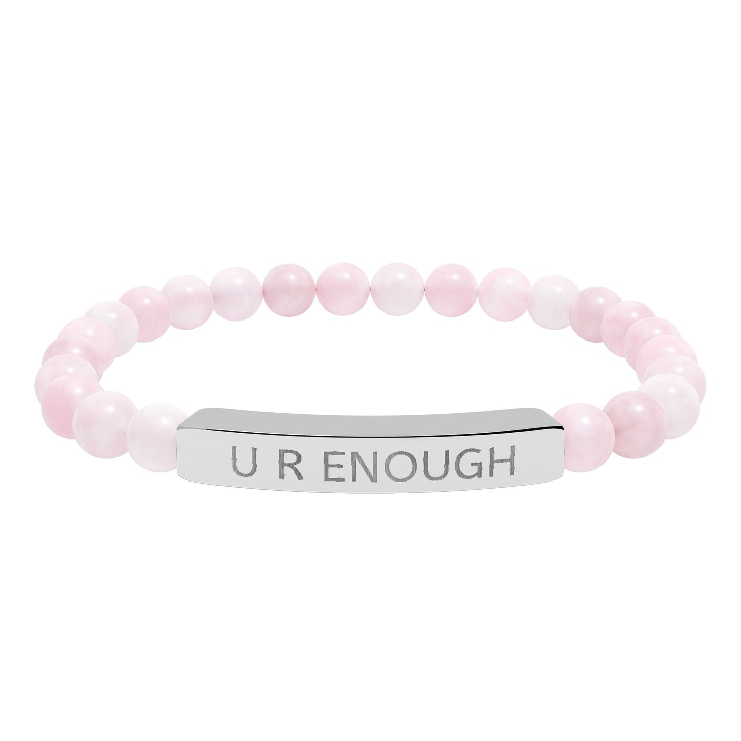 Pink natural stone beaded bracelet with a silver tag on a white background