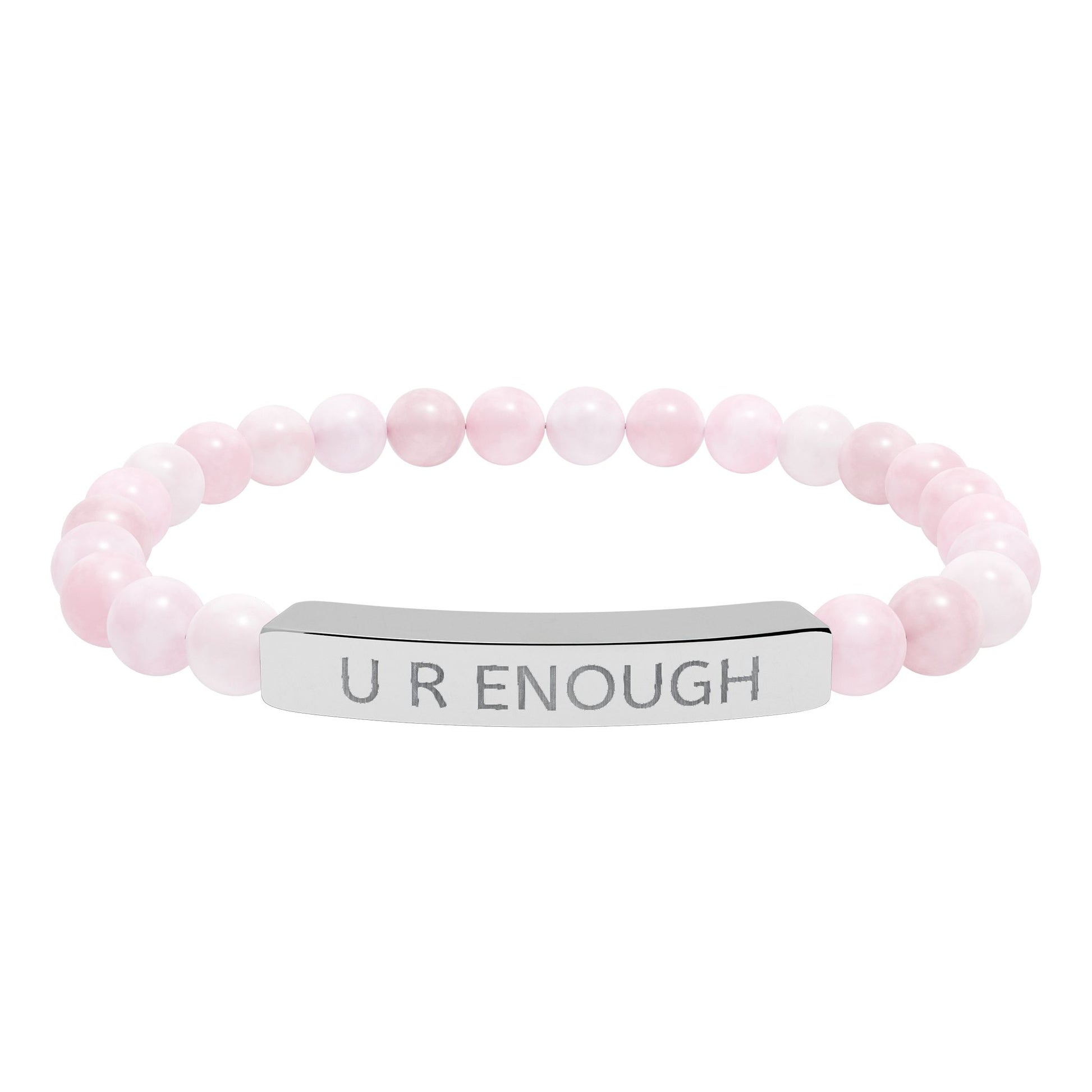 Pink natural stone beaded bracelet with a silver tag on a white background