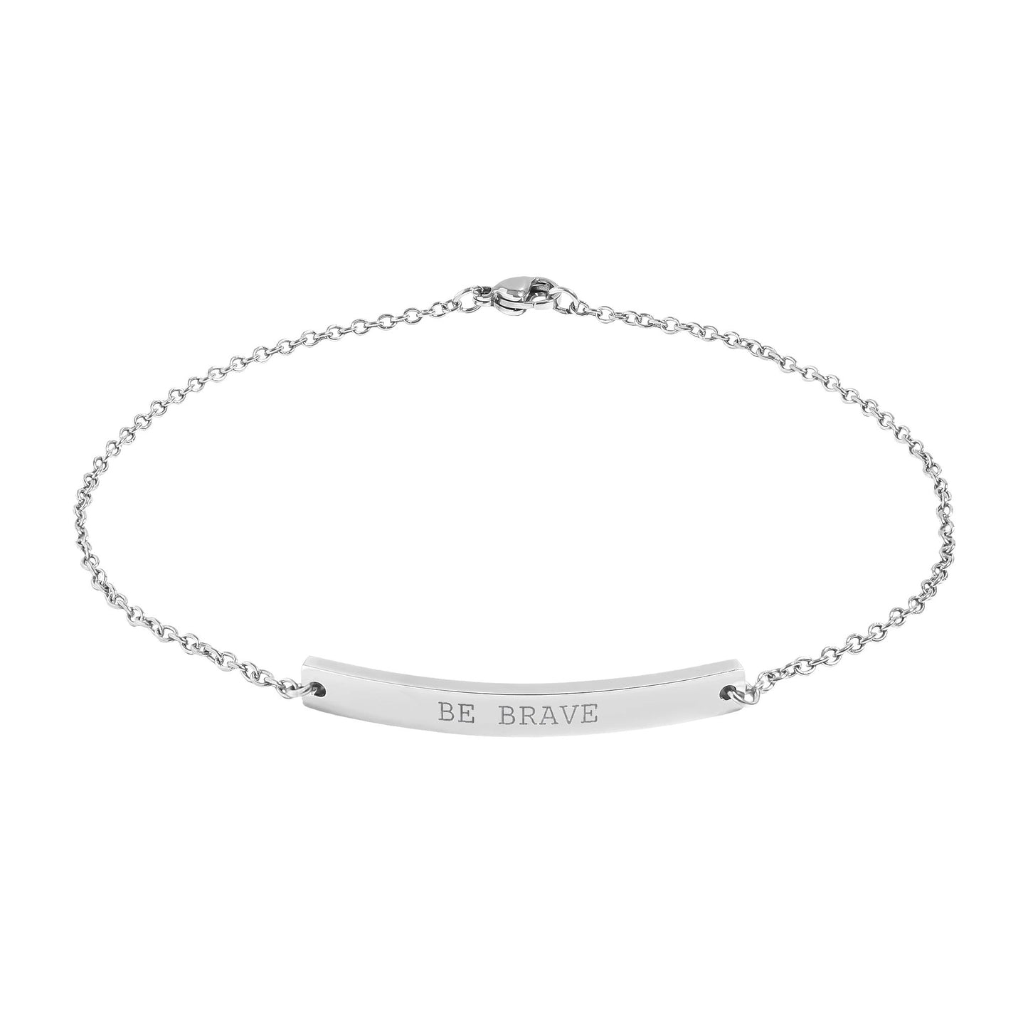 Silver anklet  with 'BE BRAVE' engraving on a white background.