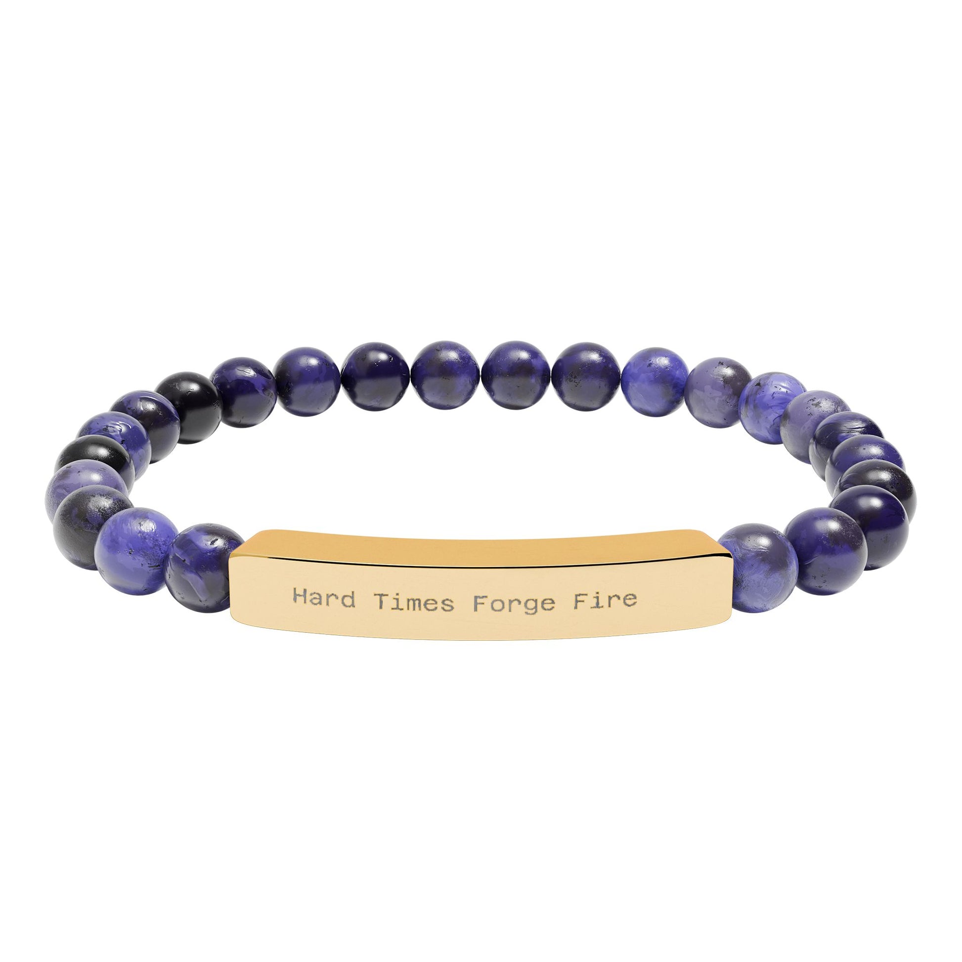 Hard Times Forge Fire Natural Stone - Bracelet with dark blue beads and gold tag on a white background