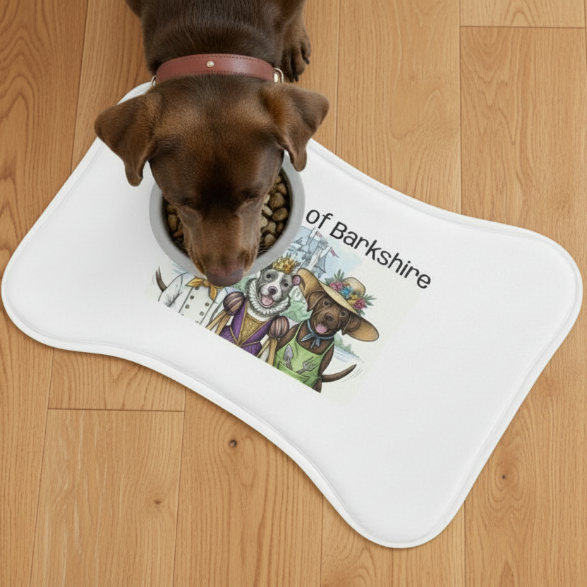 Dog eating from a bowl on a mat with 'of Barkshire' text and dog illustrations.