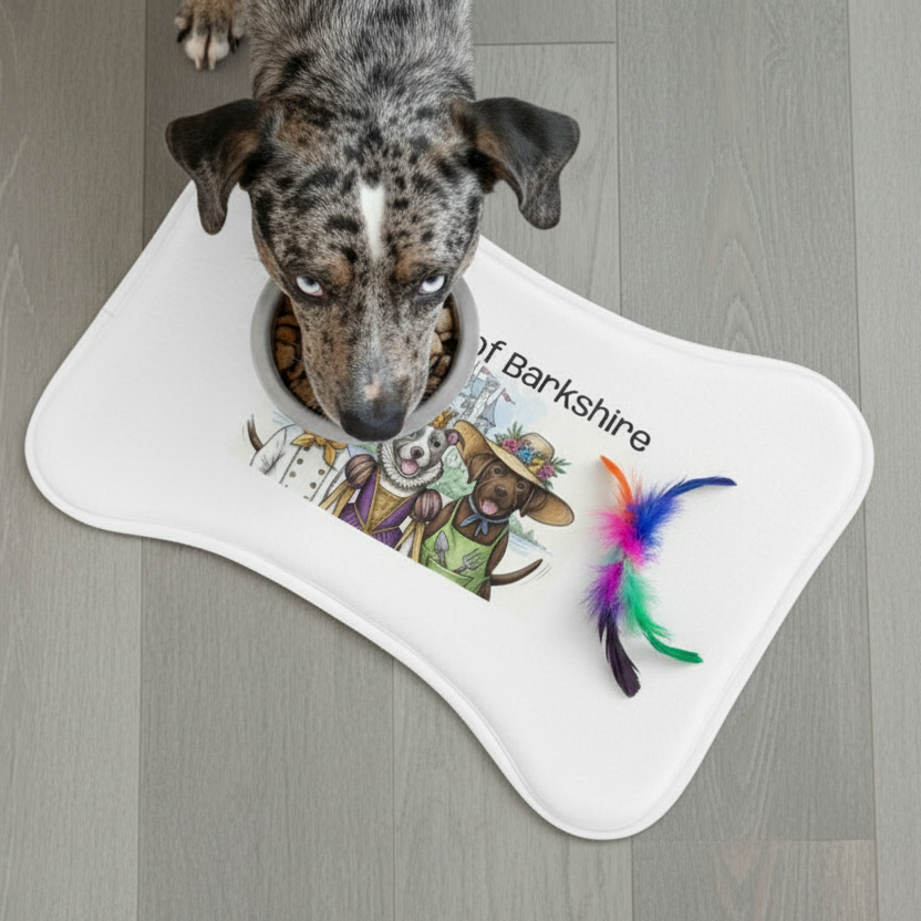 Dog looking into a bowl on a mat with 'Barkshire' branding and a colorful feather toy.