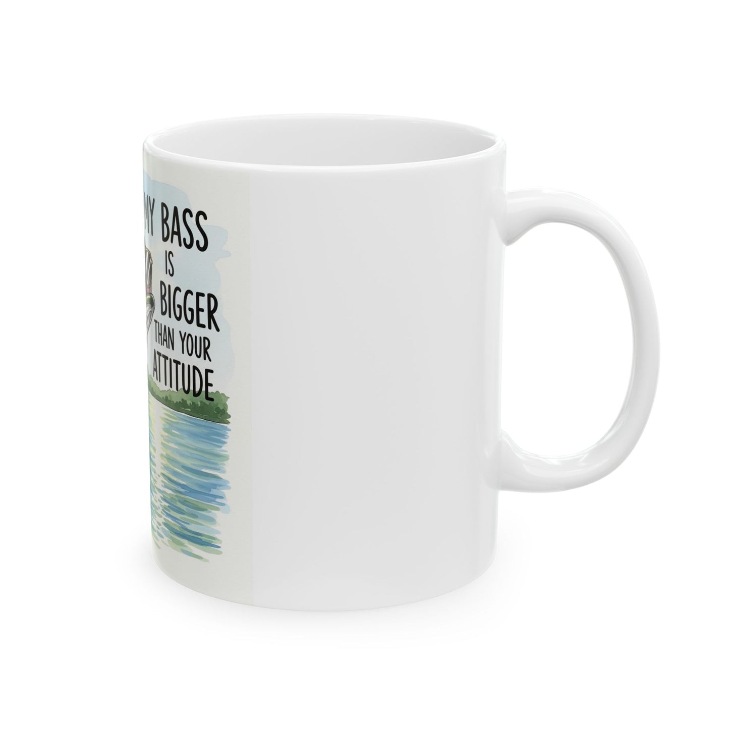 Side view of White mug with a fish design on a white background