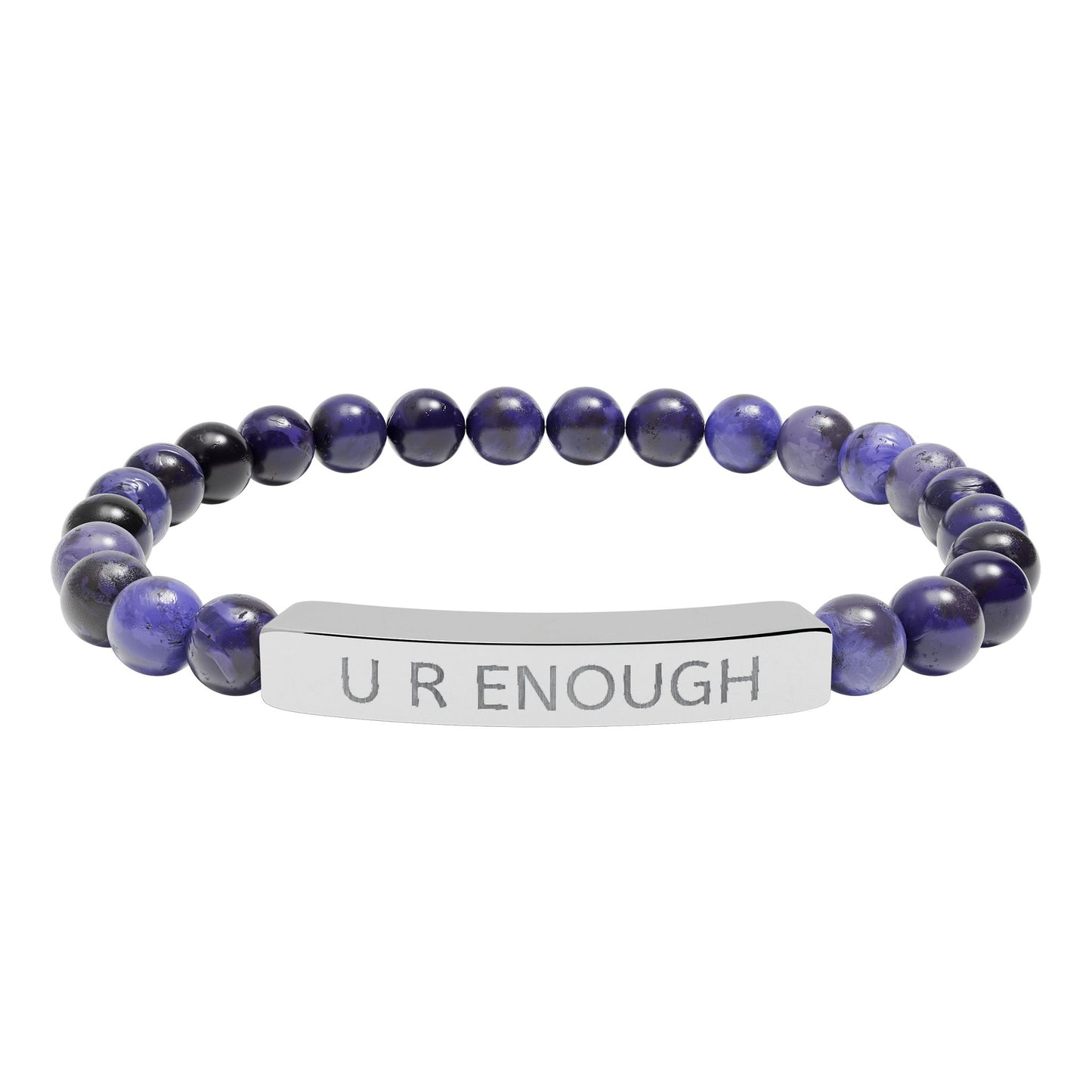 Bracelet with navy blue natural beads and a silver tag reading 'Faith Family Freedom' on a white background