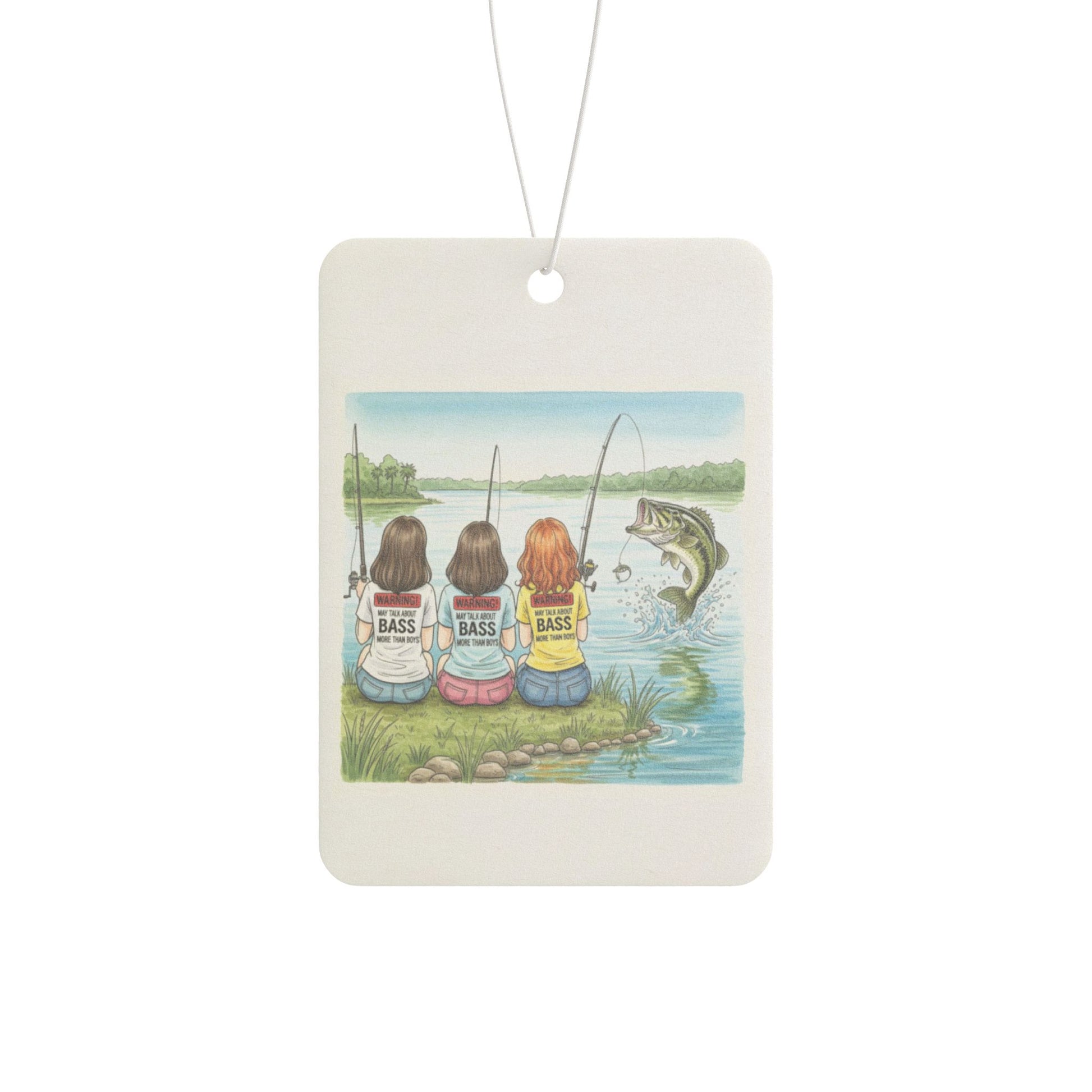 Air freshener with illustration of three women fishing and a large bass on a white background