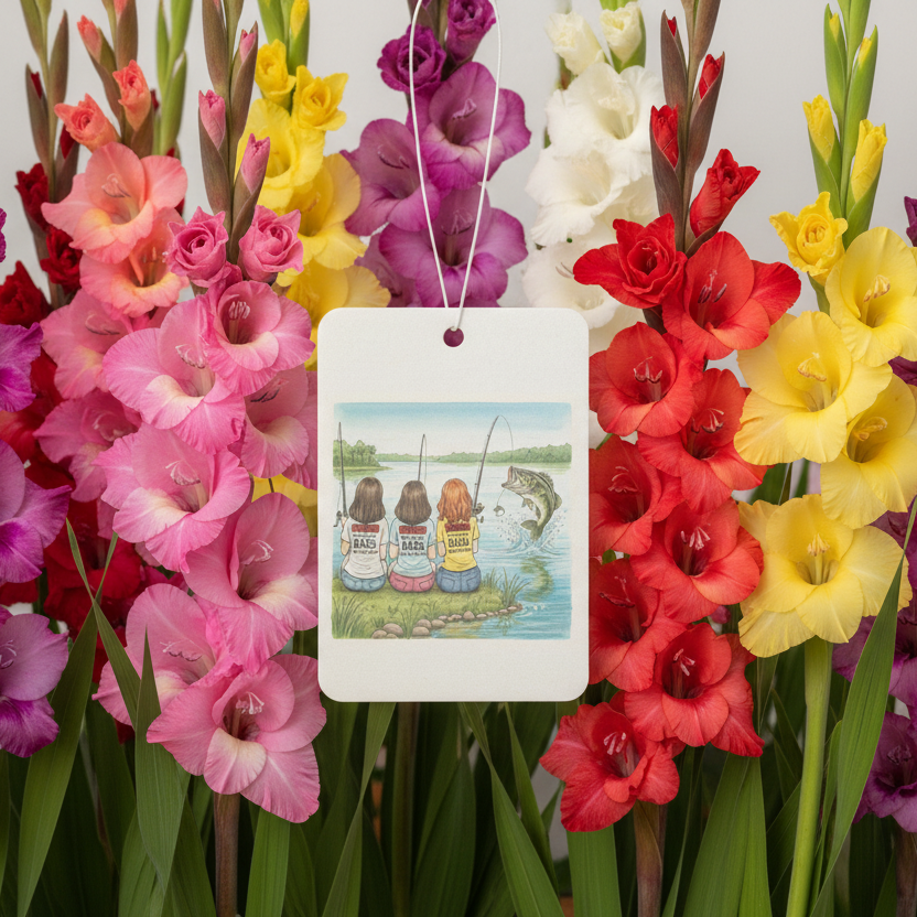 Colorful gladiolus flowers with a fishing-themed air freshener in the center.