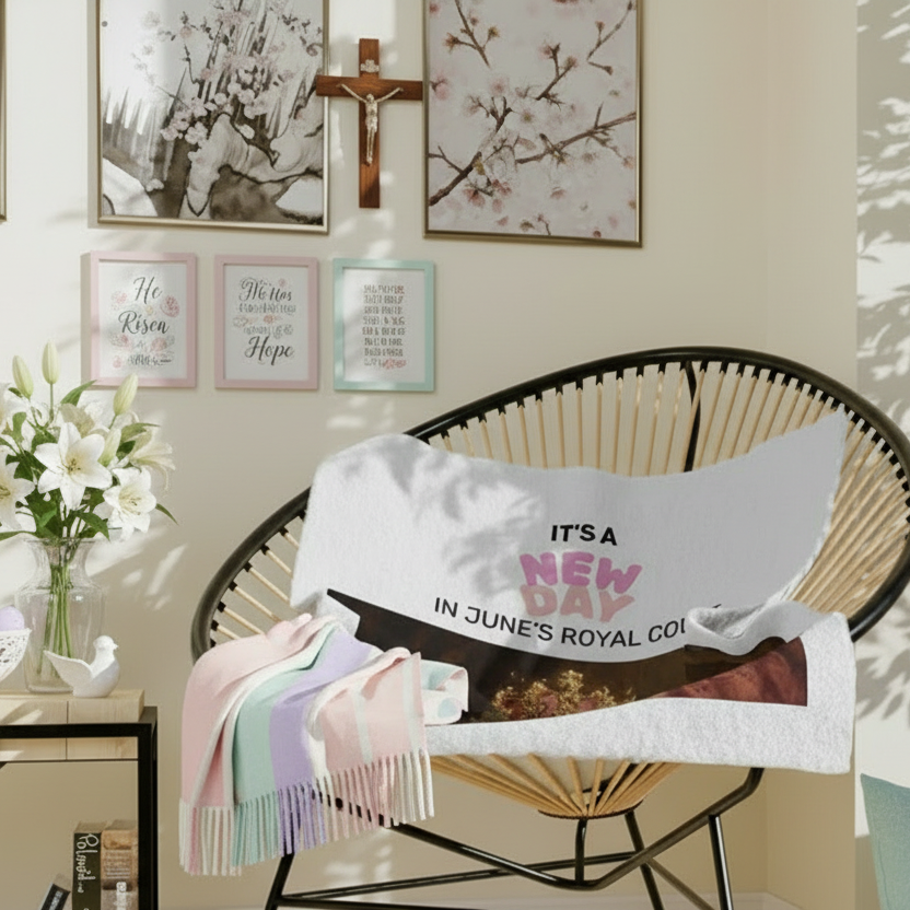 Chair with a blanket featuring text in a home setting with decor elements.