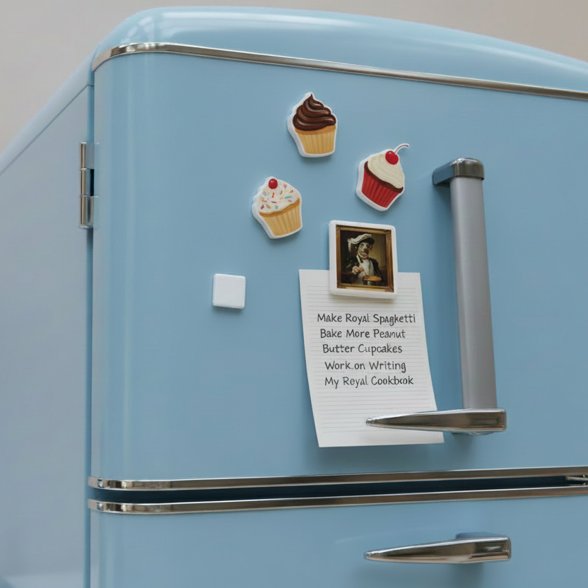 Sir Slim magnet holding a note on a blue refrigerator with other cupcake magnets