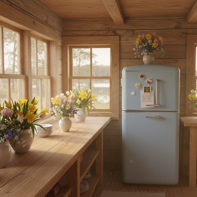 Sir Slim magnet - Vintage-style kitchen with a light blue refrigerator, wooden table, and floral arrangements.