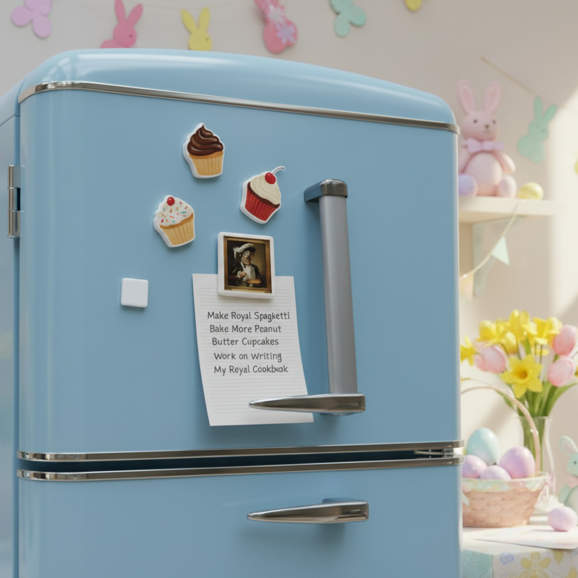 Blue refrigerator with magnets and a paper note on a decorative background