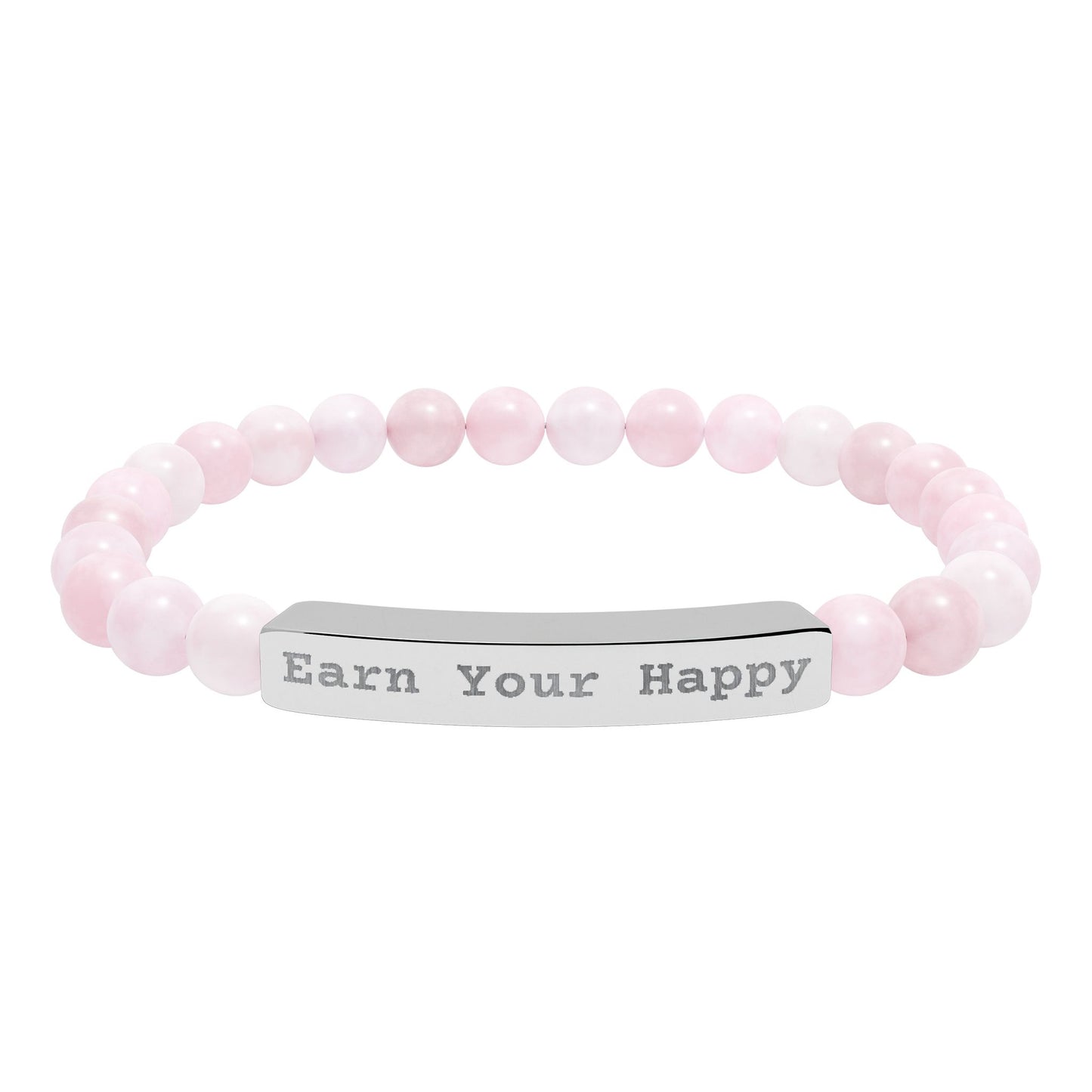 Natural Stone beaded stretch bracelet with a silver engraved "Earn Your Happy" message on a white background.