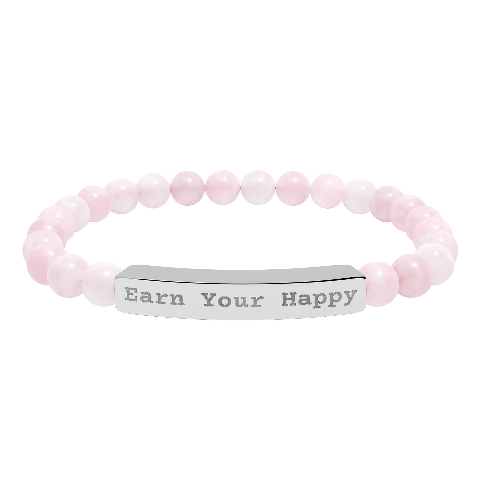 Natural Stone beaded stretch bracelet with a silver engraved "Earn Your Happy" message on a white background.