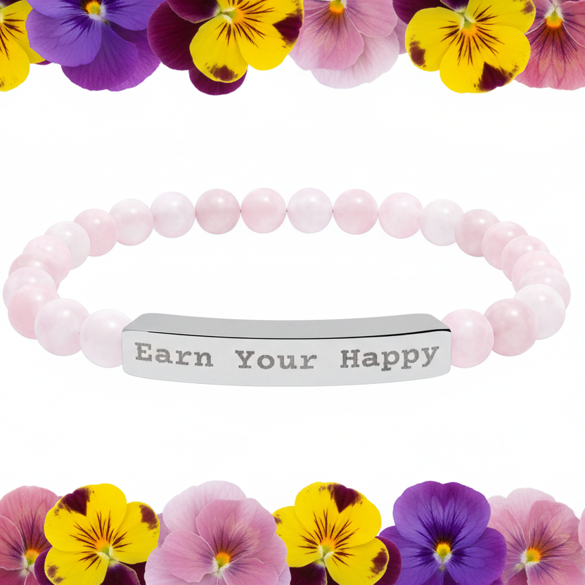 Natural Stone bracelet with 'Earn Your Happy' bar surrounded by colorful flowers on a white background