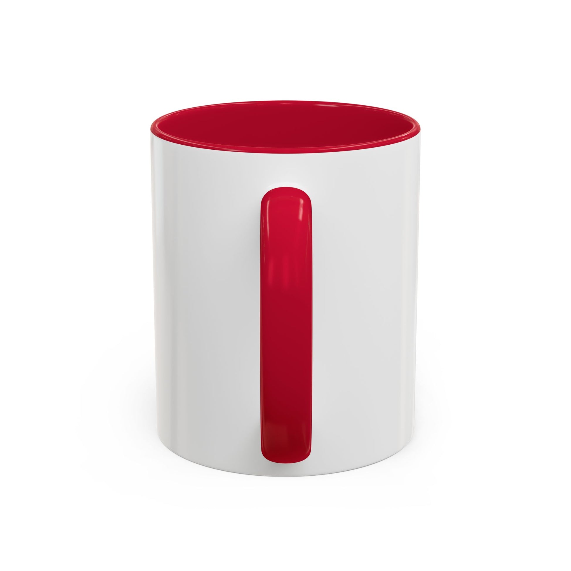 White mug with a red interior and handle on a white background