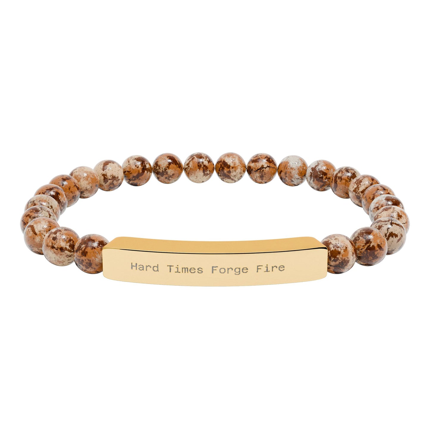 Hard Times Forge Fire Natural Stone - Bracelet with brown beads and gold tag on a white background