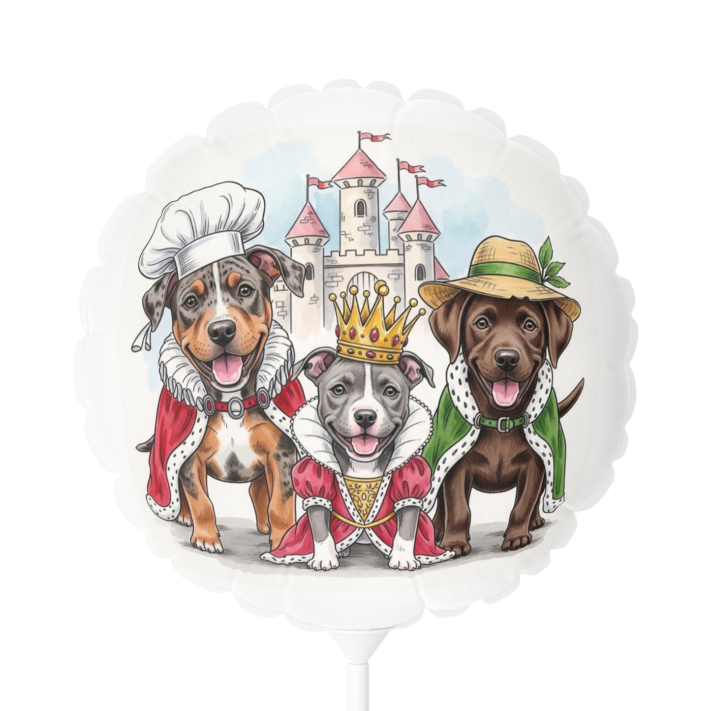 Balloon - Three dogs in costumes with a castle in the background