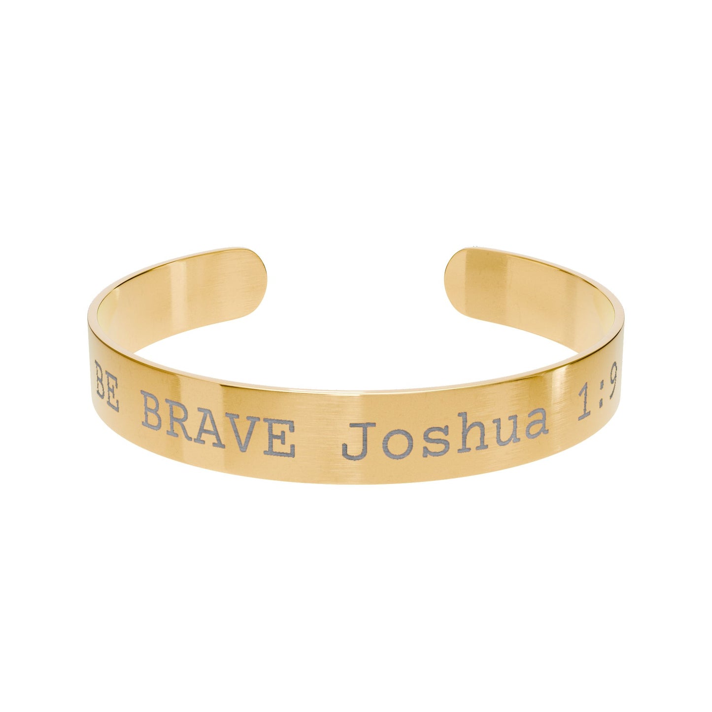 Gold Be Brave bracelet with engraved text on a white background