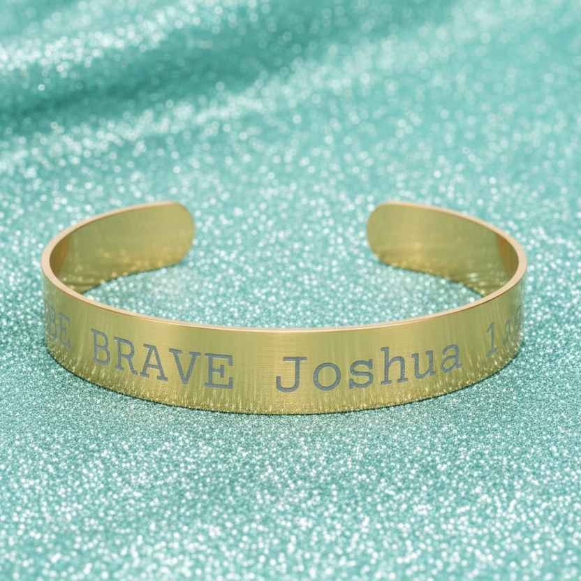 Gold bracelet with engraved Be Brave text on a floral background