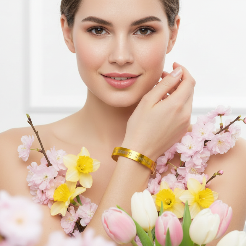 Woman with flowers and a gold bracelet on a light background