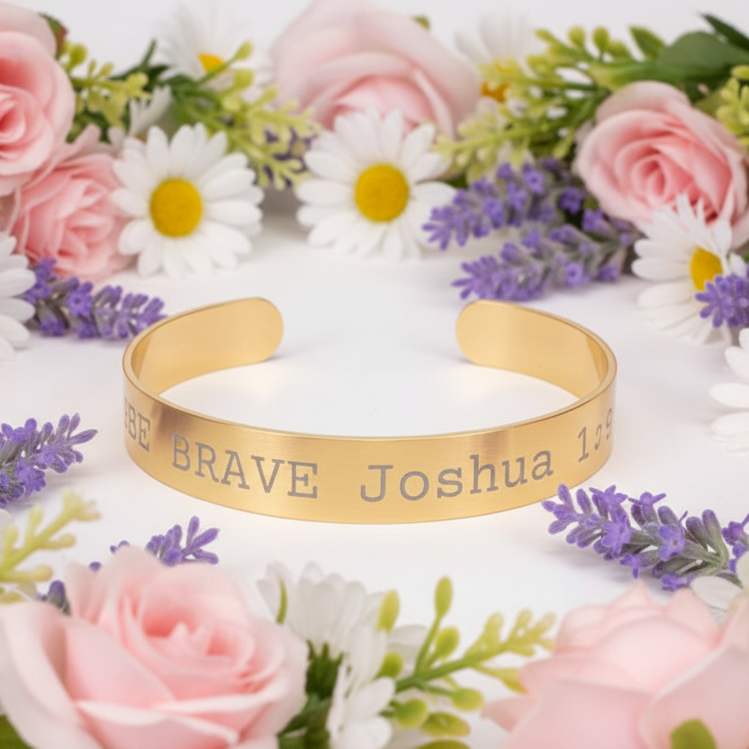 Gold bracelet with engraved Be Brave text on a floral background