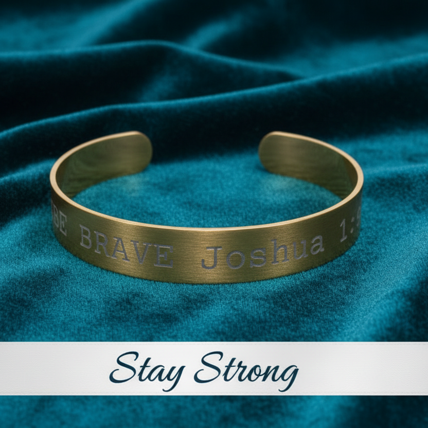 Gold bracelet with engraved text on a blue fabric background

