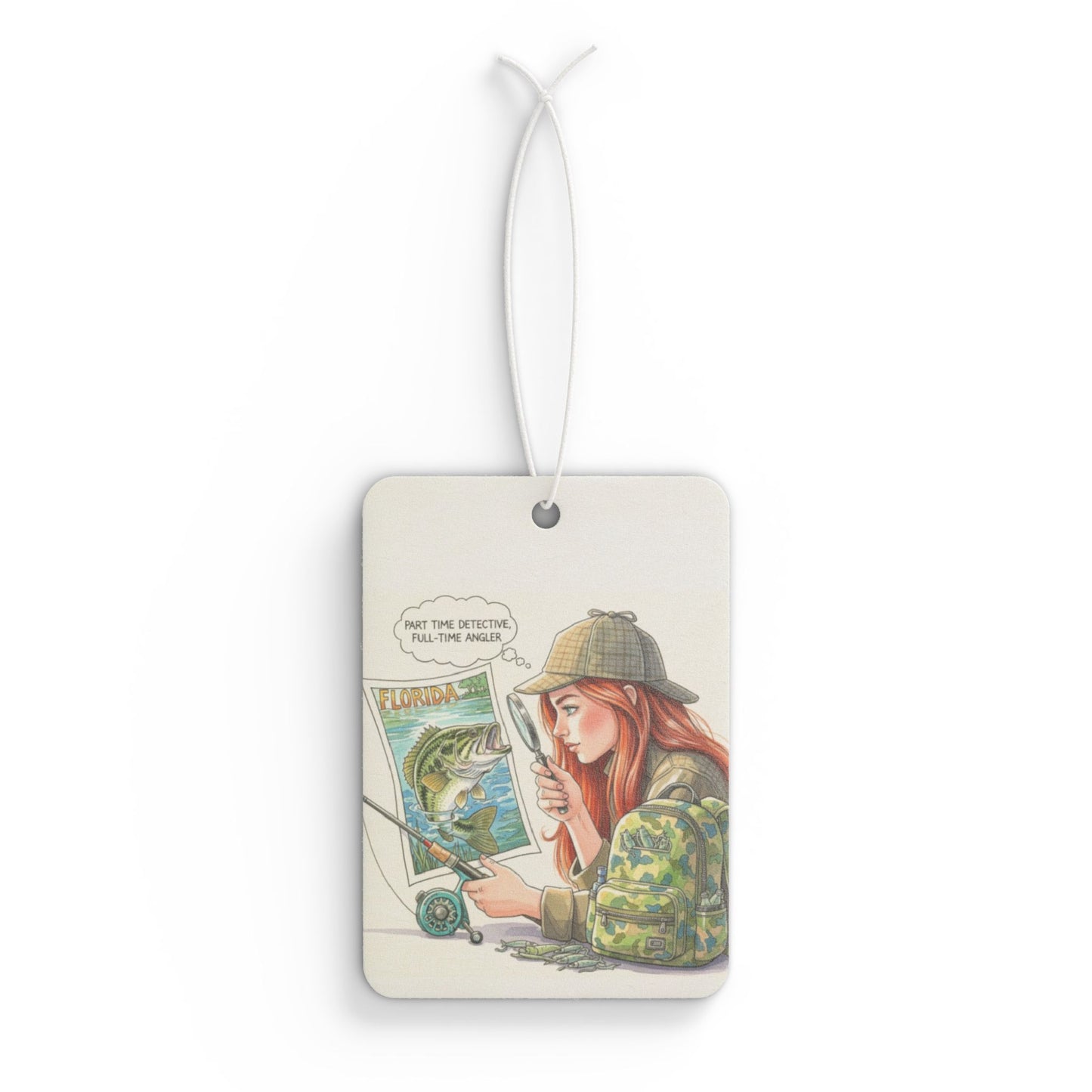 Illustrated air freshener with a person in a camouflage jacket and hat, holding a map and fishing rod.