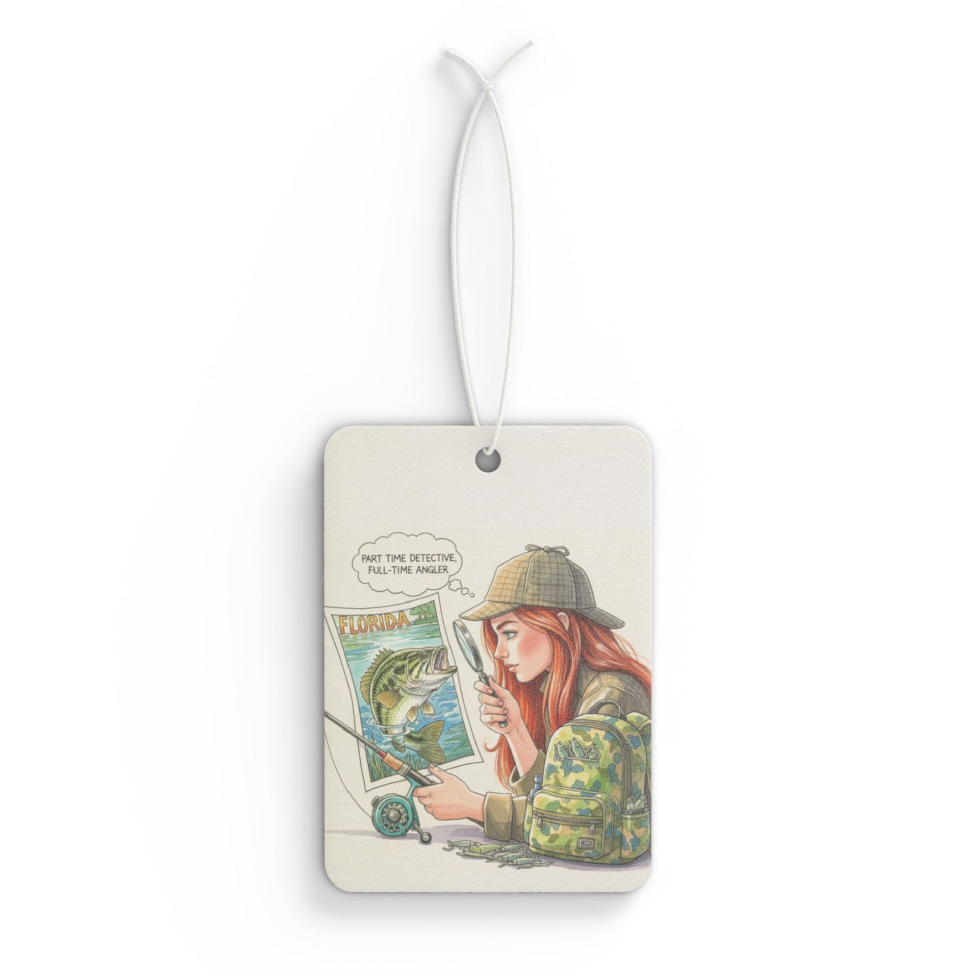 Illustrated air freshener with a person in a camouflage jacket and hat, holding a map and fishing rod.