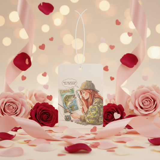 Aor Freshner tag with a fishing themed surrounded by pink and red roses and heart-shaped petals on a soft, blurred background.

