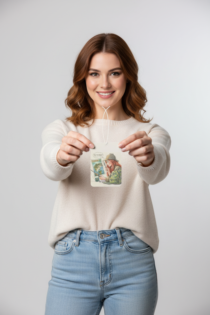 Woman holding an air freshener with a fishing theme background
