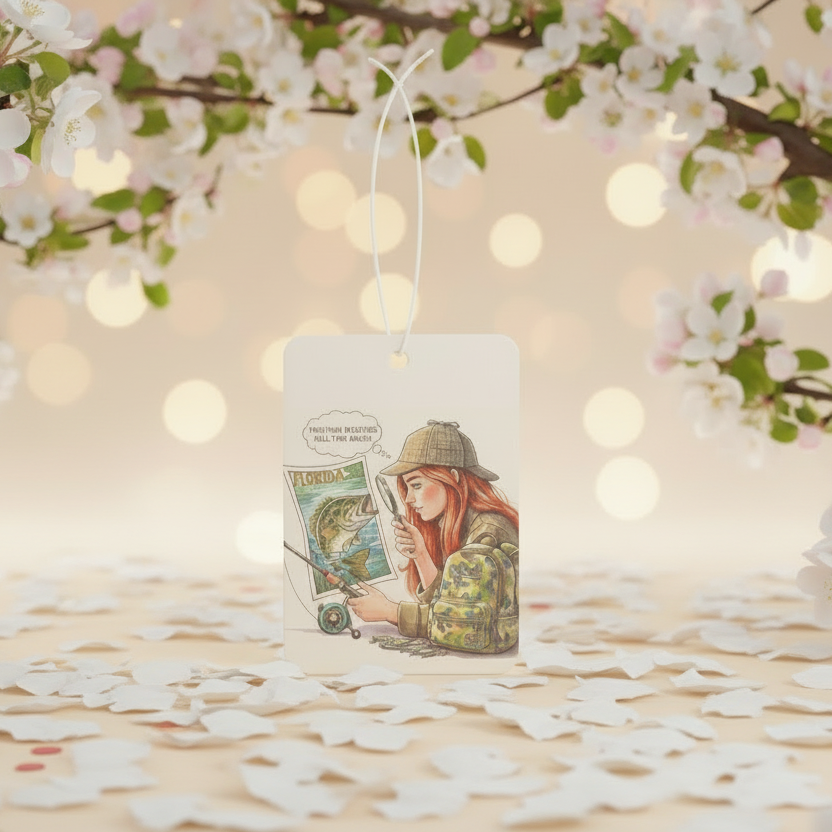 Air Freshener tage with a design of a person holding a map and a fish, surrounded by cherry blossoms and blurred lights.