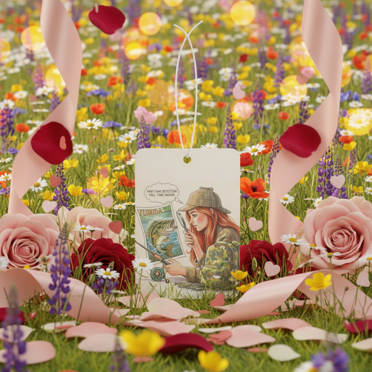 Air Freshener tag depicting a Woman angler studying bass fish with a magnifying glass in a field of flowers with pink roses and colorful petals.