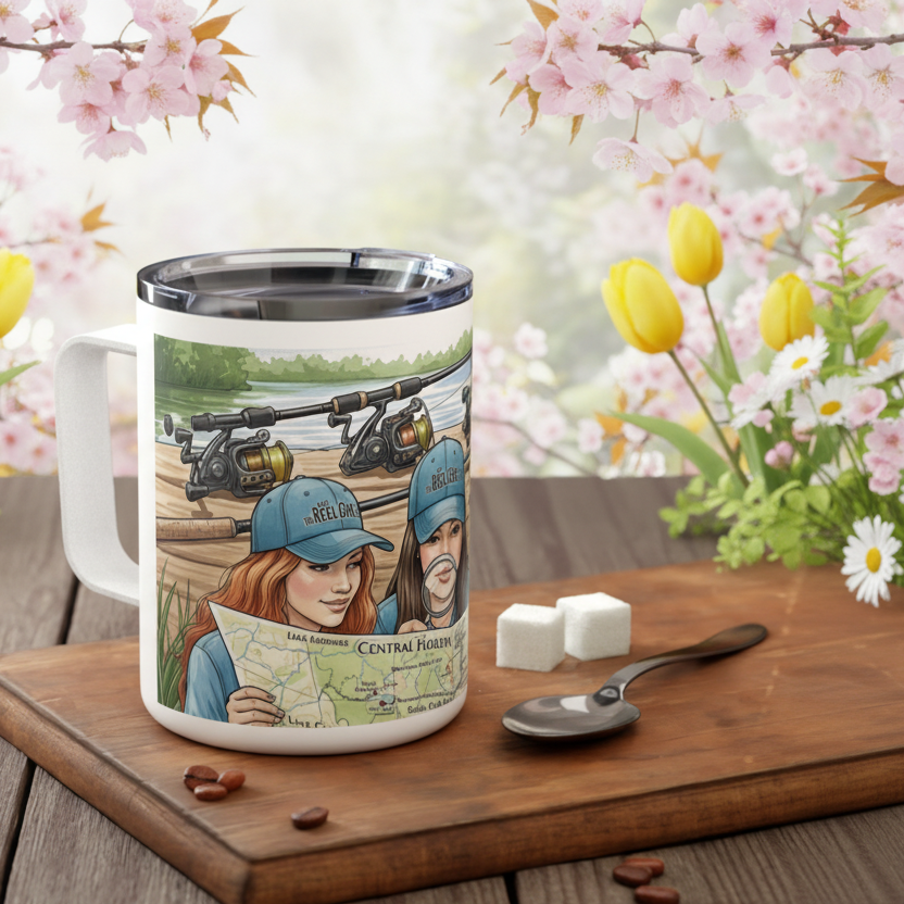 Travel mug with illustration of two people holding a map, surrounded by flowers and a wooden surface.