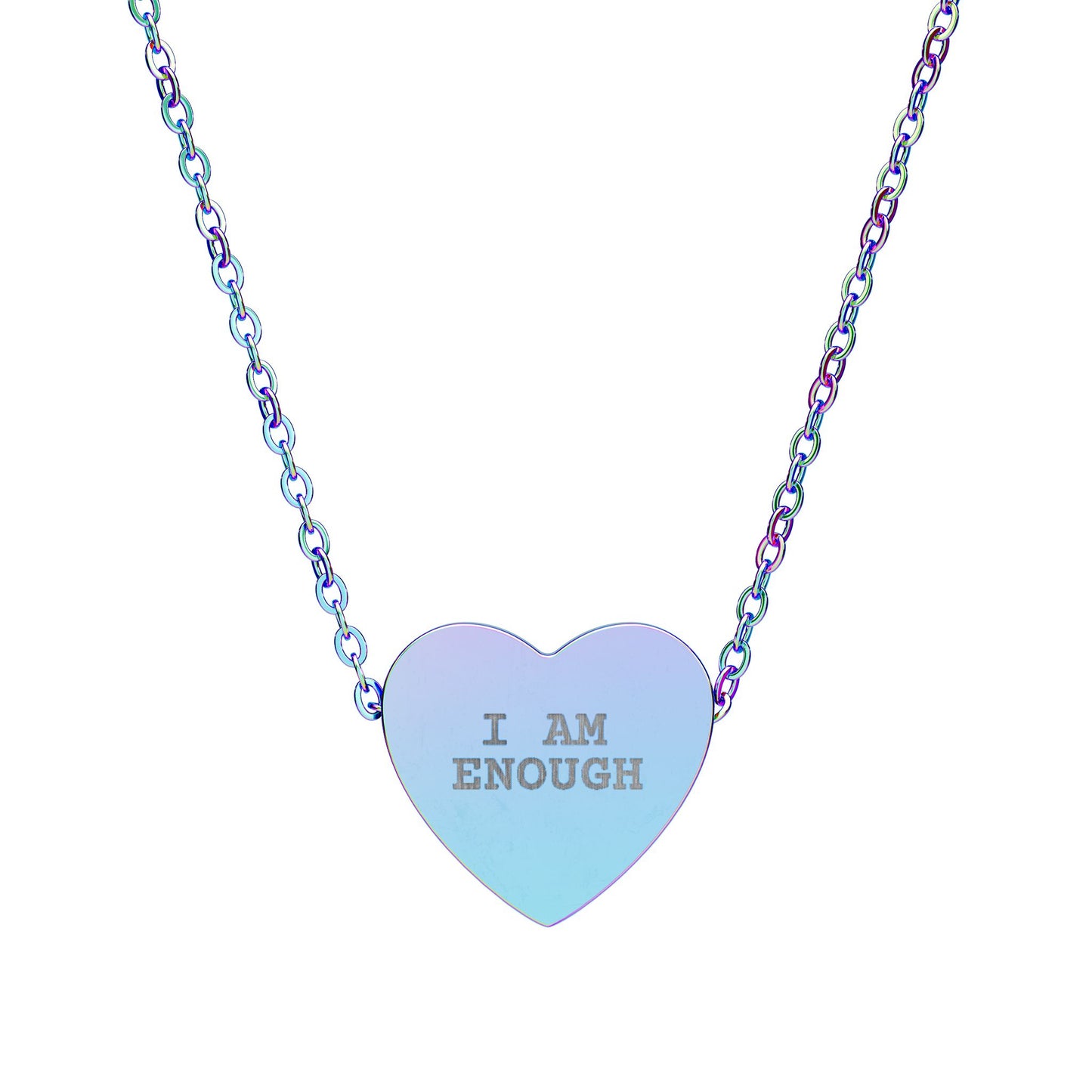 Necklace with a heart-shaped pendant that says 'I AM ENOUGH' on a white background