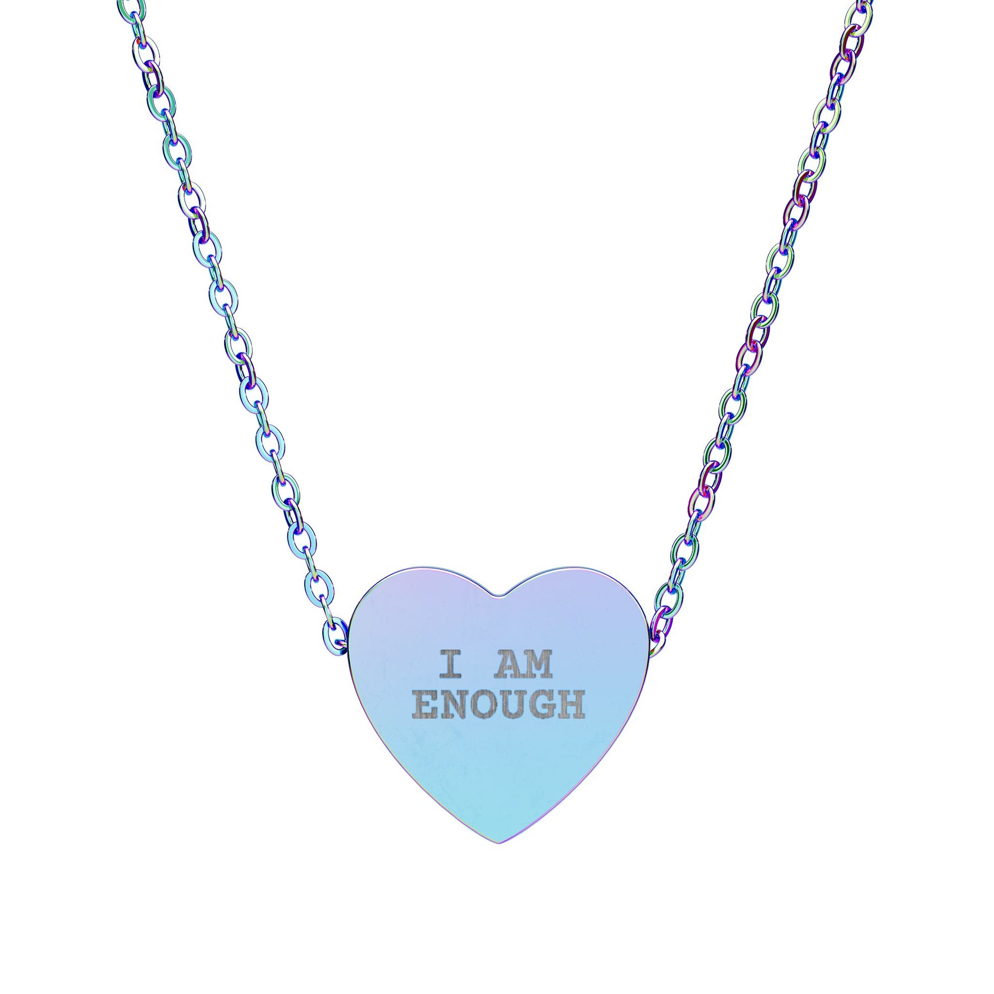 Necklace with a heart-shaped pendant that says 'I AM ENOUGH' on a white background