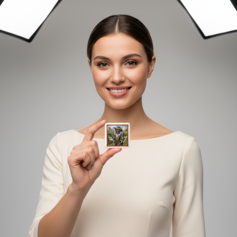 Woman holding refrigerator magnet  of a main character of 'The Golden Bone: Queen June and the Royal Dog Detectives ' against a gray background