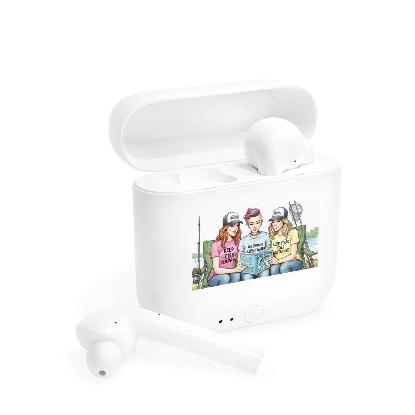 White wireless earbuds with a case featuring an illustration of three people on a white background