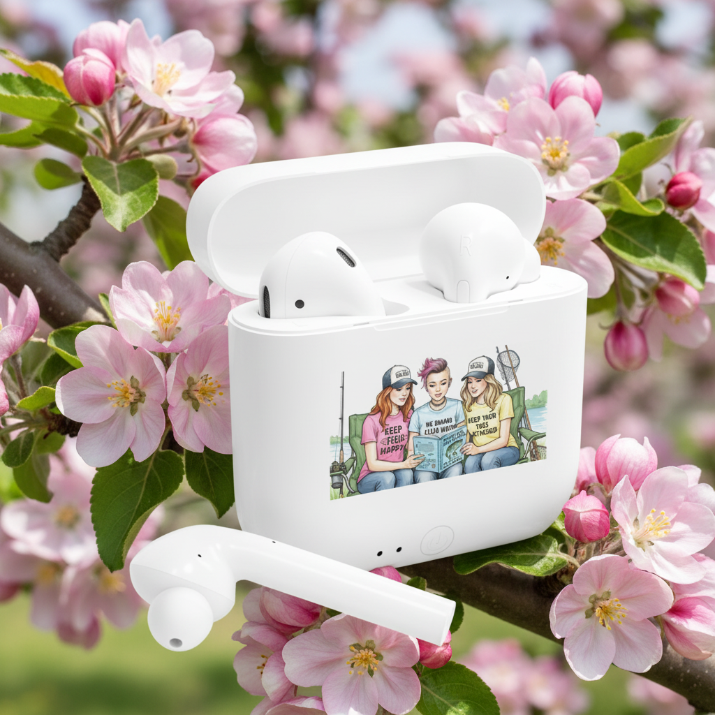 White wireless earbuds in a charging case with a floral background