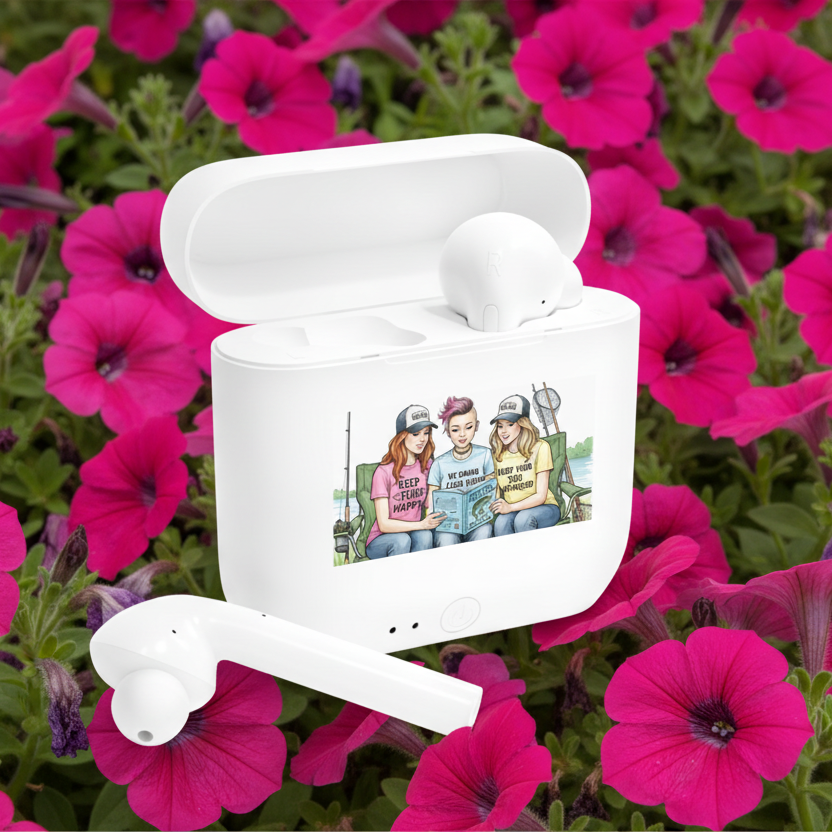 White wireless earbuds with charging case on pink flowers