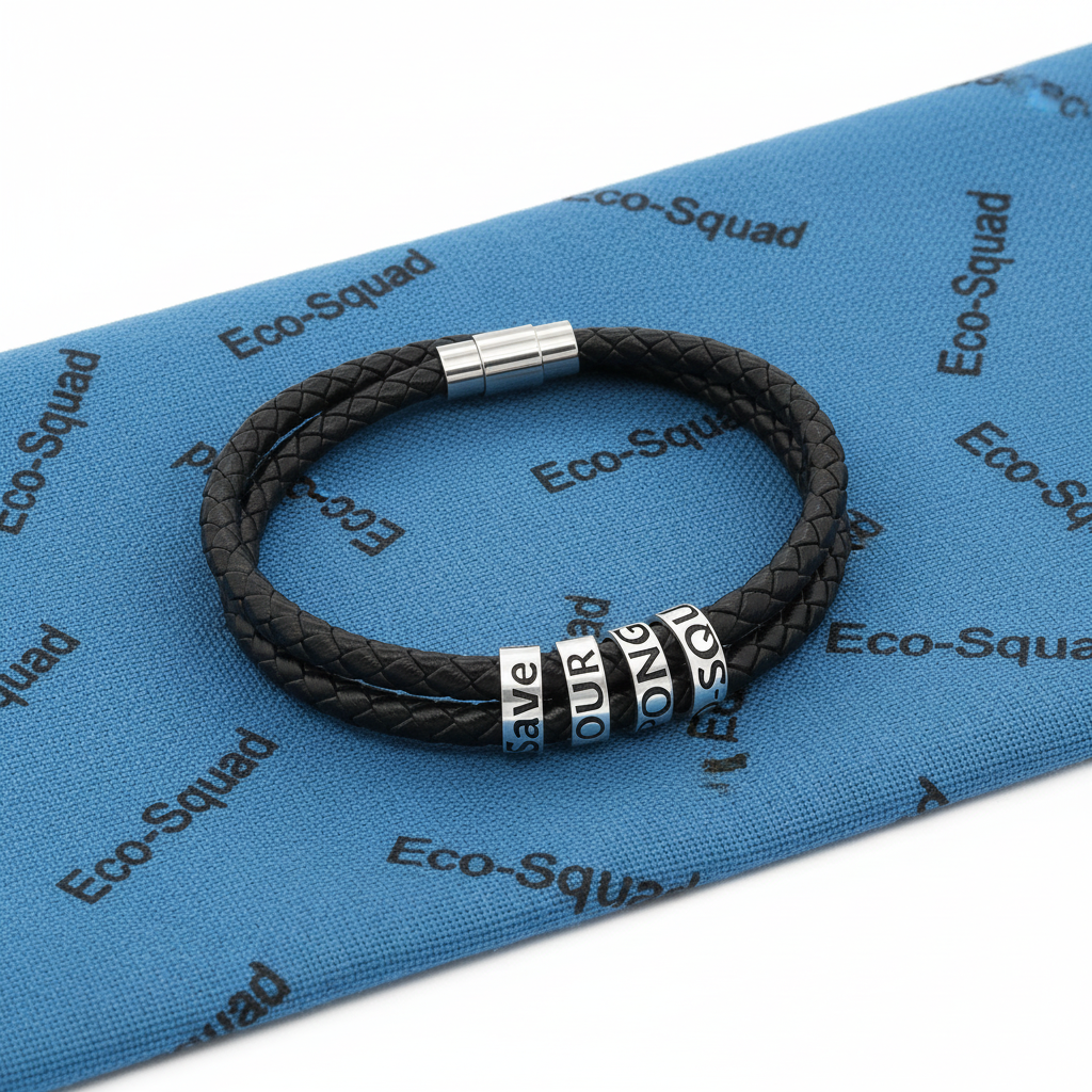 Black braided leather bracelet with metal beads on a blue Eco-Squad branded background
