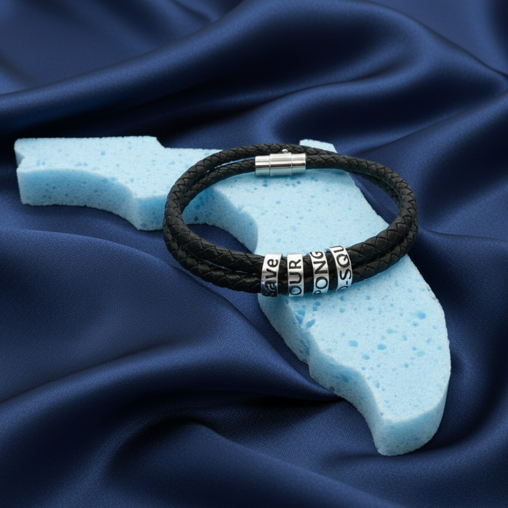Black braided bracelet with silver beads on a blue foam block against a blue fabric background