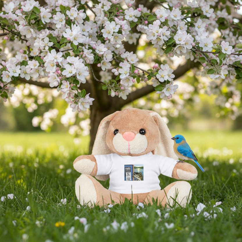 Plush rabbit with a white shirt and blue bird sitting under a flowering tree.