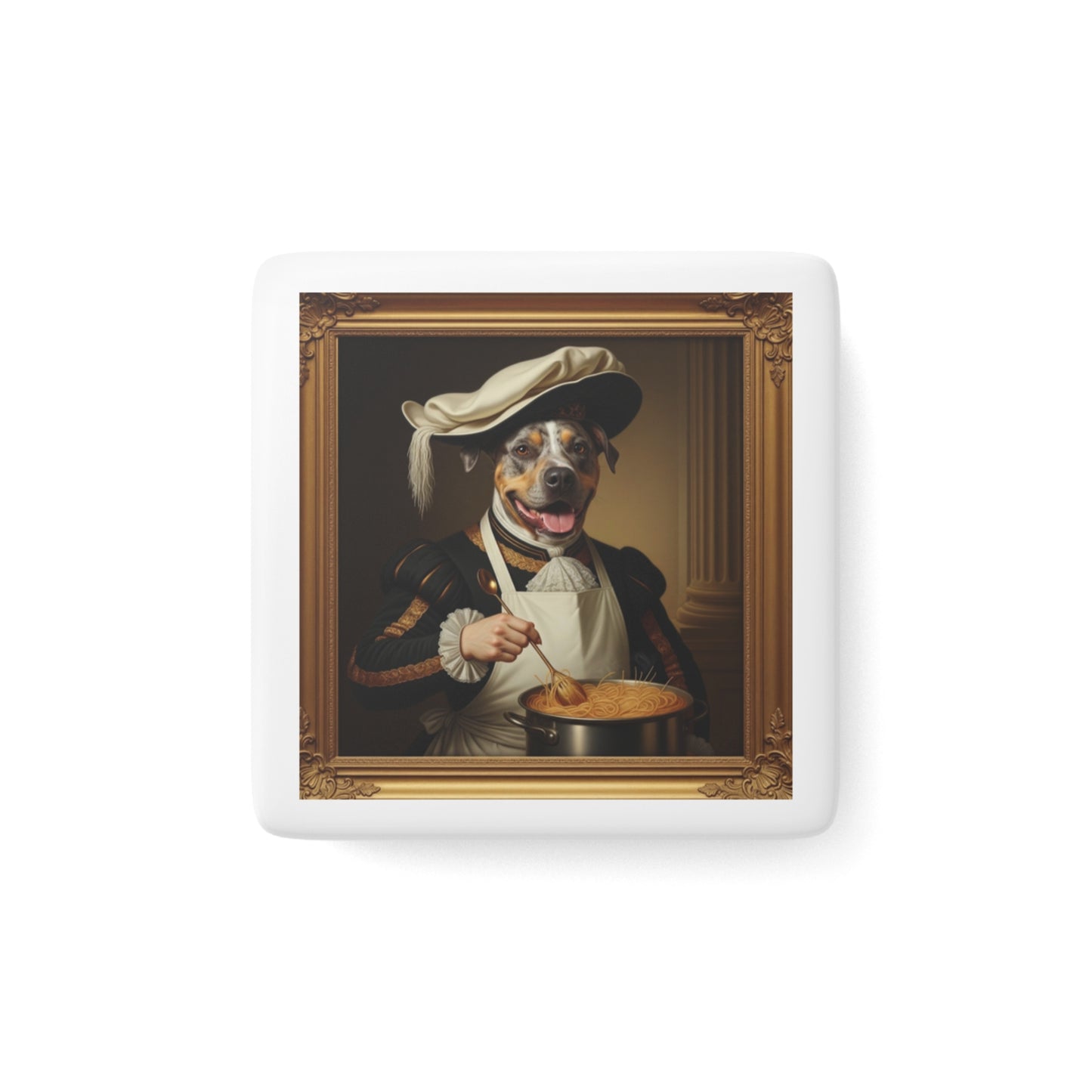 Formal portrait of Sir Slim, Royal Chef of the Kingdom of Barkshire on a refrigerator square magnet.
