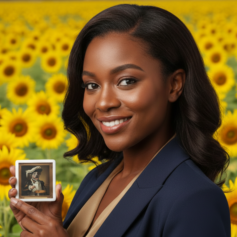 Woman holding a magnet depicting Sir Slim the Royal Chef of the Kingdom of Barkshire  in front of sunflowers