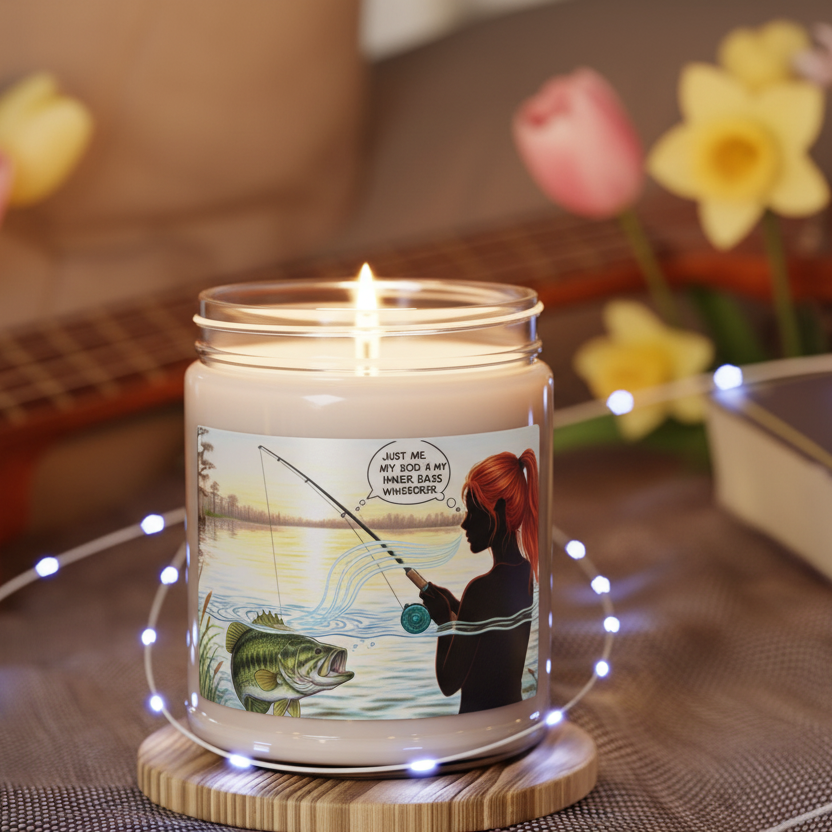 Candle in a glass jar with a fishing design on a wooden coaster, surrounded by flowers and fairy lights.