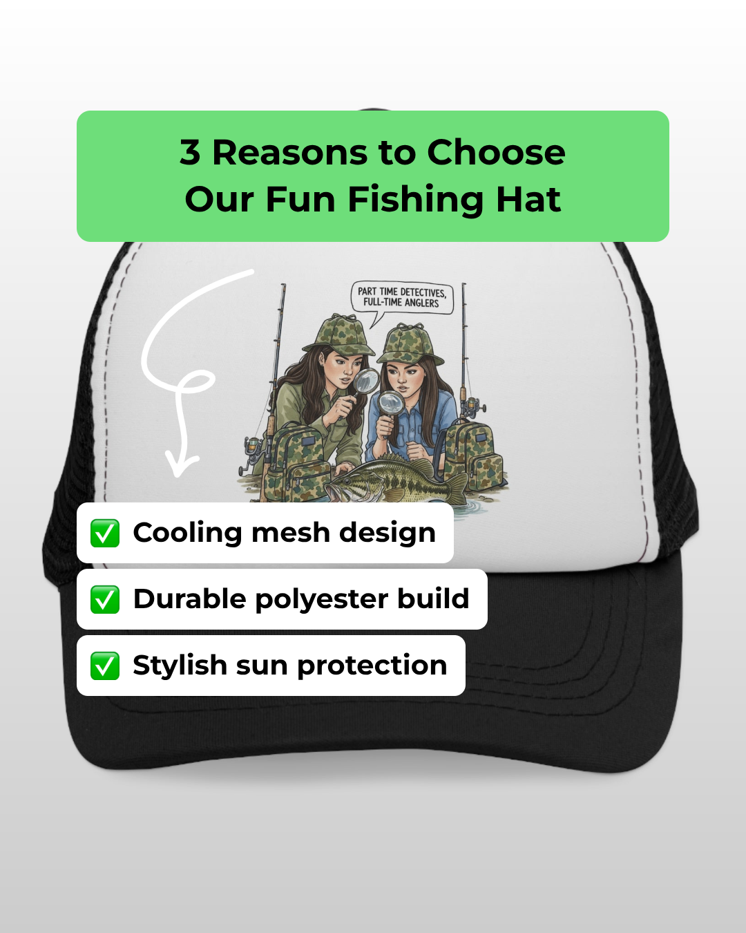 Fishing hat with cartoon design and text about features on a white background
