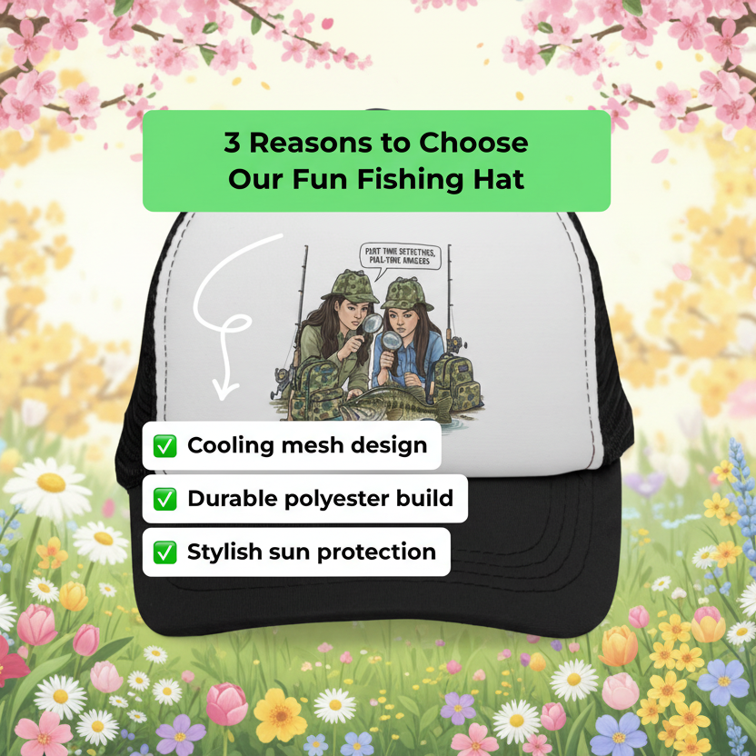 Fishing hat with features listed against a floral background