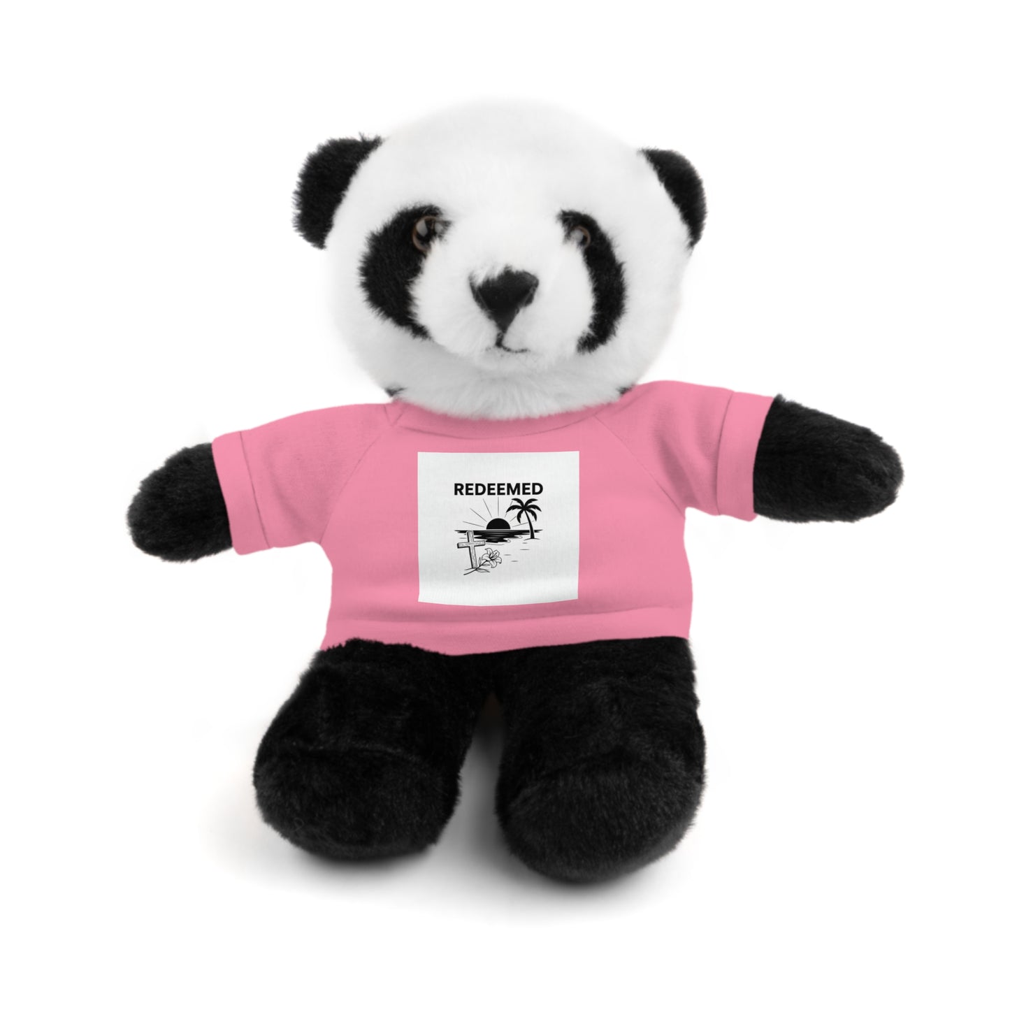 Plush panda bear wearing a pink shirt with a graphic and text on a white background