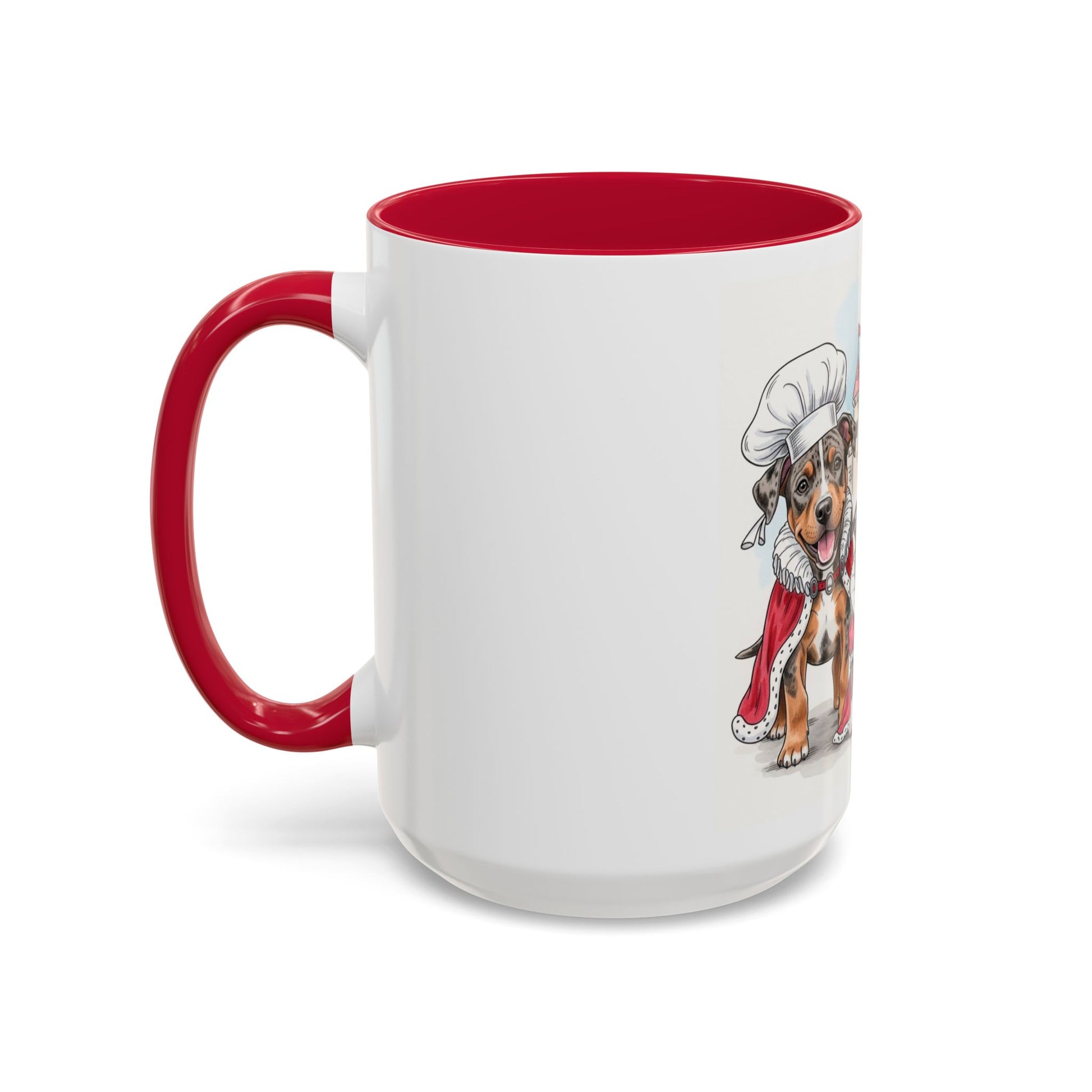White mug with red handle and interior, featuring a dog illustration on a white background
