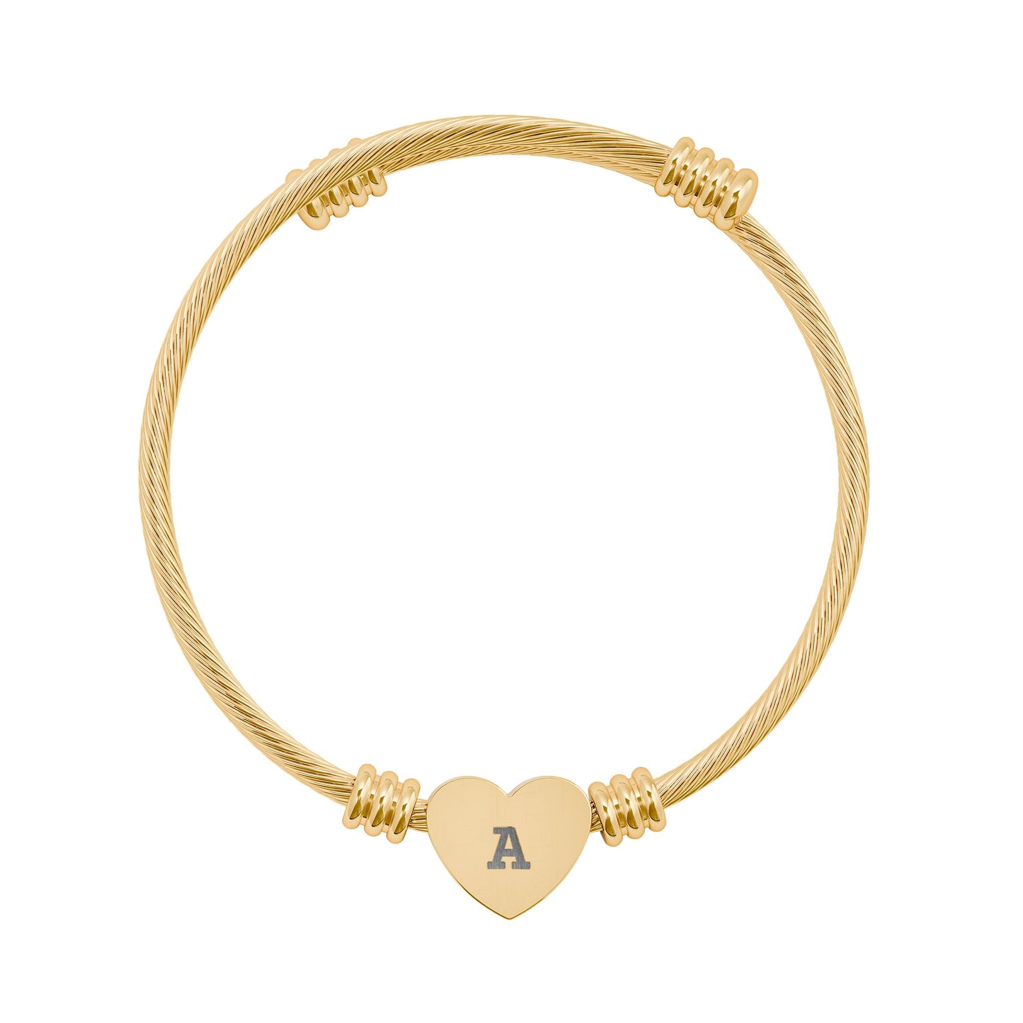 Gold bracelet with a heart-shaped charm featuring the letter 'A' on a white background
